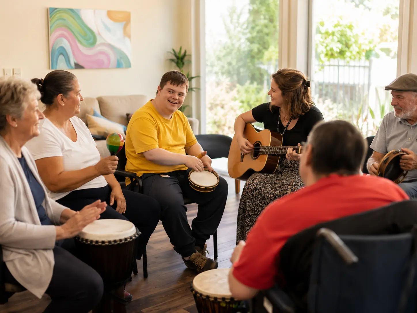 Group of adults seated in a sunlit living room, playing drums in a circle while a woman strums an acoustic guitar.